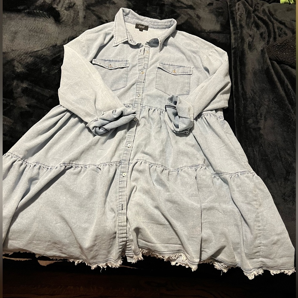 ODDY | Ruffle Tiered Button Up Dress with Long Sleeves in Light Wash- 1XL